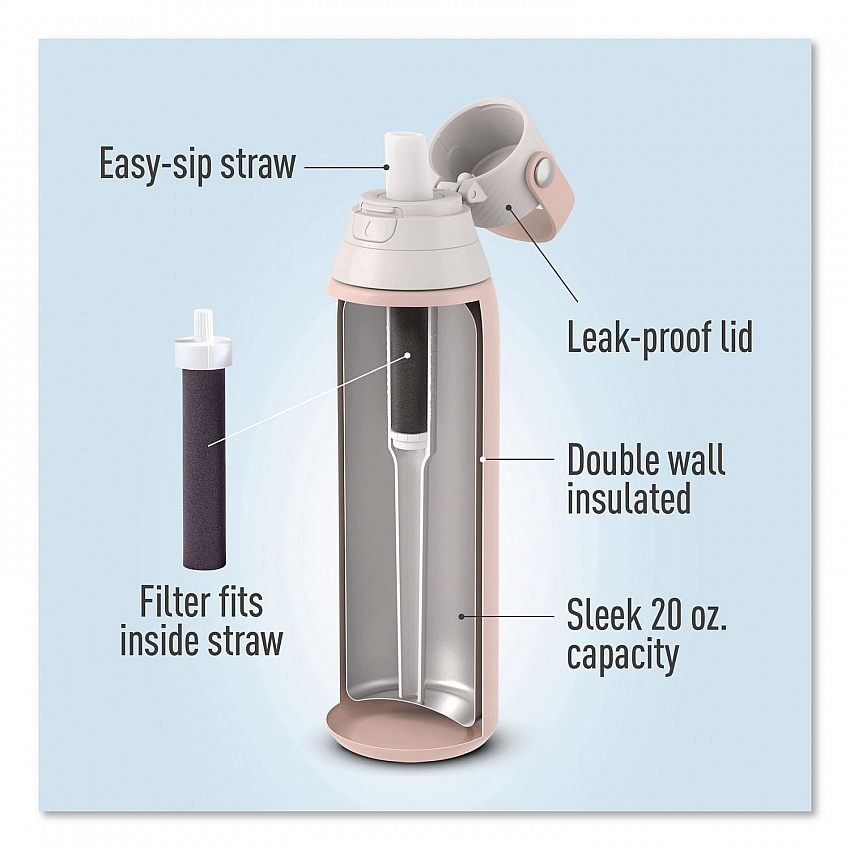 Stainless Steel Filtered Water Bottle, 20 oz, Rose (36452)