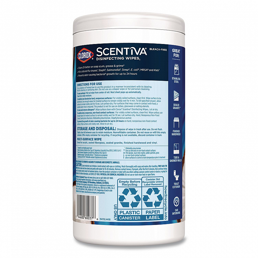 Scentiva Bleach Free Cleaning Wipes, 7.25 x 7, Coconut and Waterlilly, 75/Canister (60037PK)