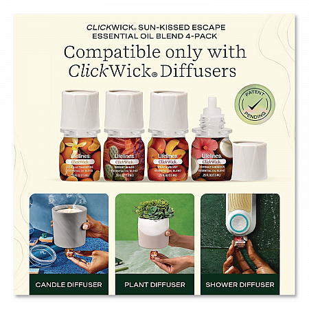 ClickWick Sunkissed Escape Essential Oil Set, Coconut Hibiscus/Desert Winds/Peach Velvet/Vanilla Tangerine, 0.25 oz Bottle (LL113008)