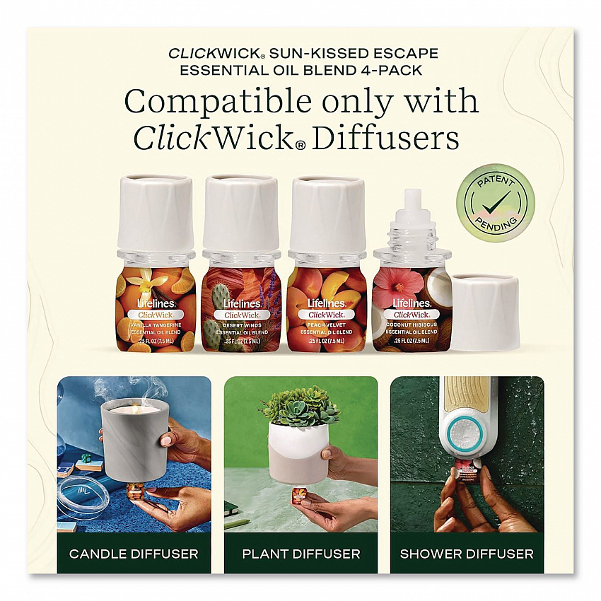 ClickWick Sunkissed Escape Essential Oil Set, Coconut Hibiscus/Desert Winds/Peach Velvet/Vanilla Tangerine, 0.25 oz Bottle (LL113008)
