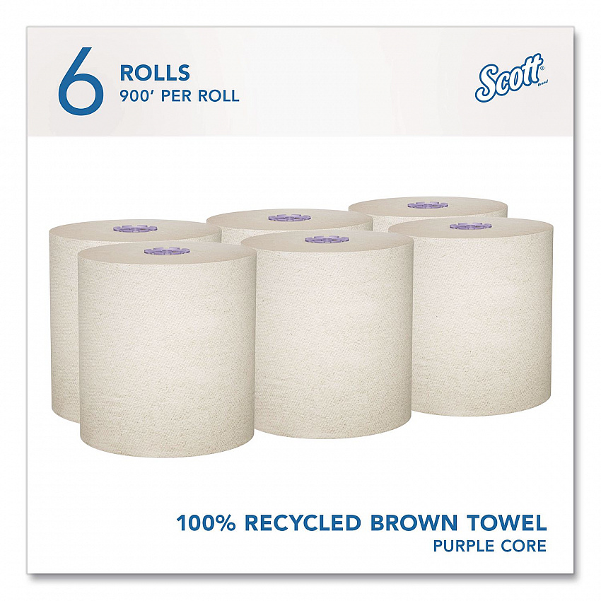 100% Recycled Hard Roll Paper Towels, 1-Ply, 8" x 900 ft, Brown, 6/Carton (58671CT)