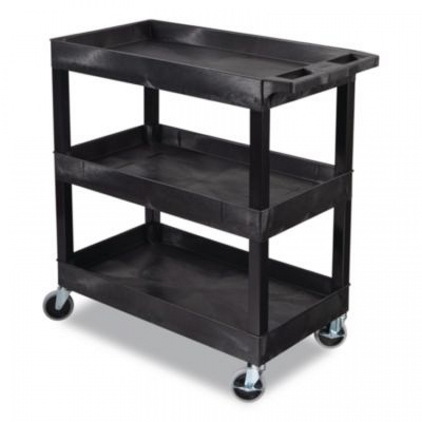 Tuffy XL Three-Shelf Utility Cart with Tub Shelves, Plastic, 300 lb Capacity, 35" x 18" x 36", Black (EC111B)