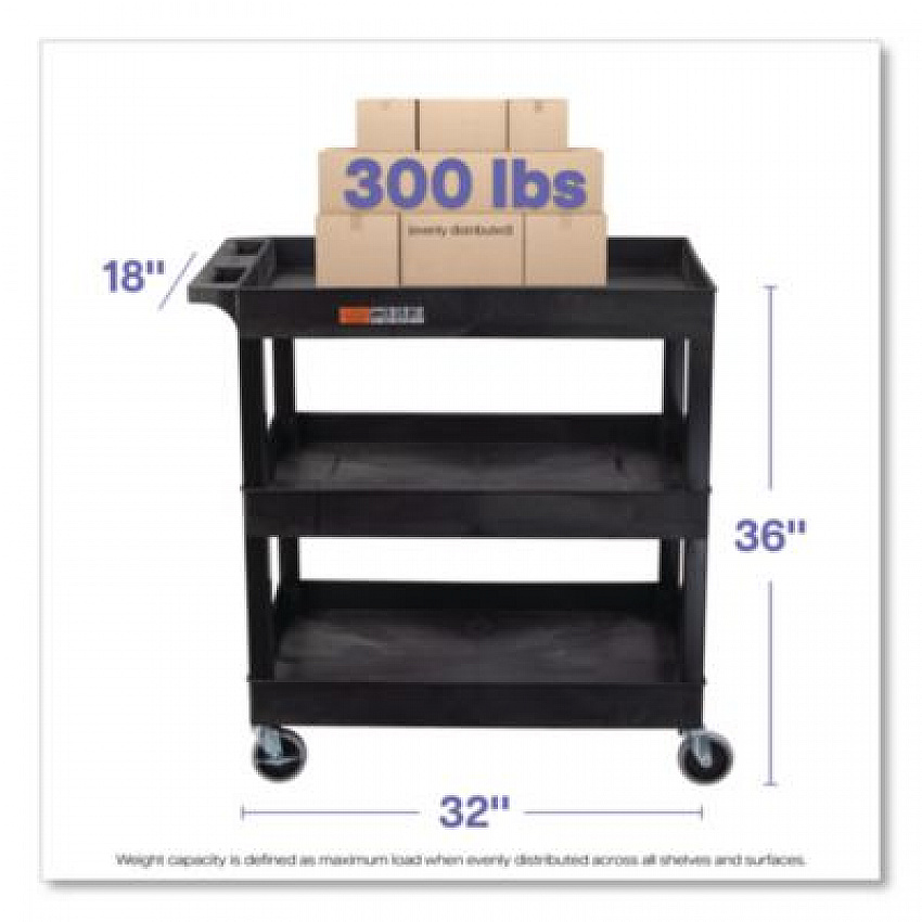 Tuffy XL Three-Shelf Utility Cart with Tub Shelves, Plastic, 300 lb Capacity, 35" x 18" x 36", Black (EC111B)