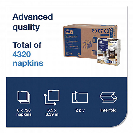 Xpressnap Fit Interfold Dispenser Napkins, 2-Ply, 6.5 x 8.4, White, 720/Pack, 6 Packs/Carton (800700)