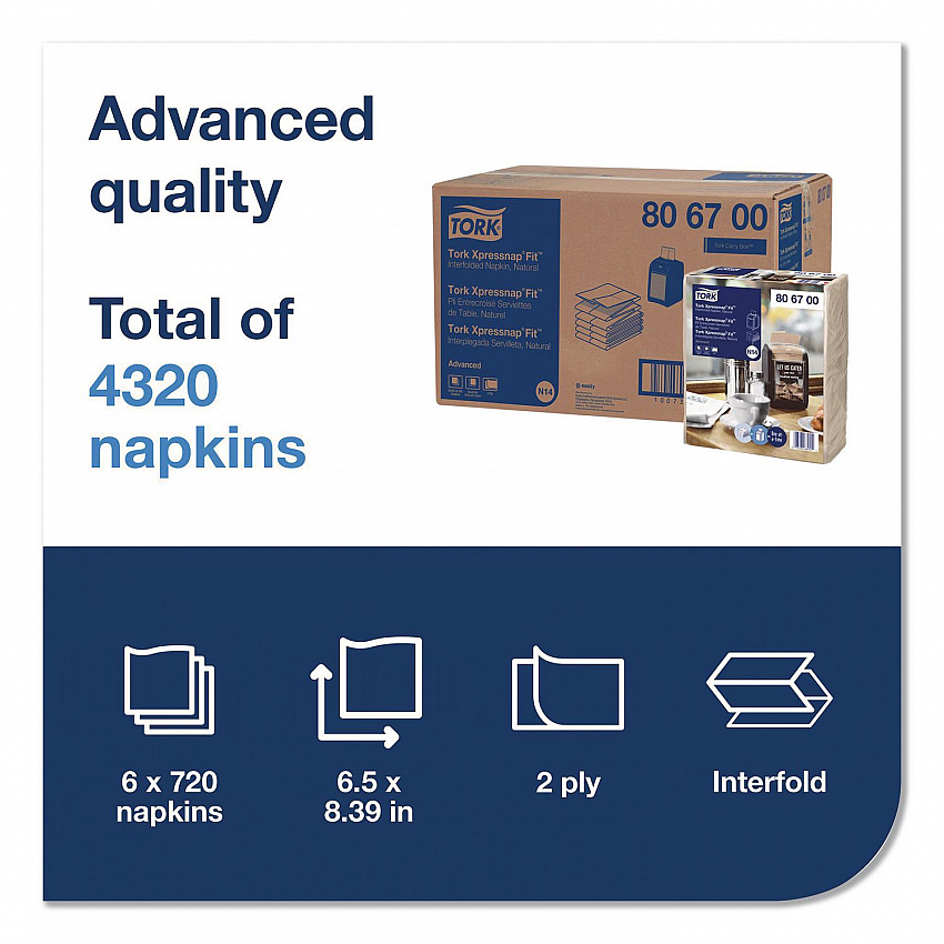 Xpressnap Interfold Dispenser Napkins, 2-Ply, 6.5 x 8.4, Natural, 720/Pack, 6 Packs/Carton (806700)