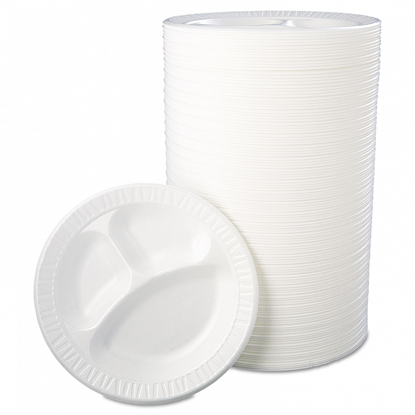 Quiet Class Laminated Foam Dinnerware, 3-Compartment Plate, 10.25" dia, White, 125/Pack, 4 Packs/Carton (10CPWQR)