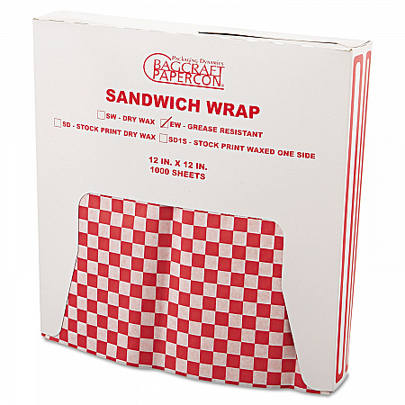 Grease-Resistant Paper Wraps and Liners, 12 x 12, Red Check, 1,000/Box, 5 Boxes/Carton (057700)