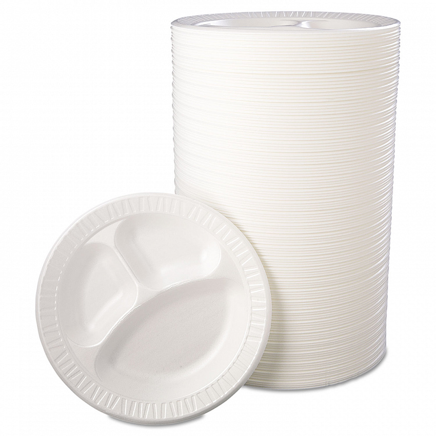 Quiet Class Laminated Foam Dinnerware, 3-Compartment Plate, 10.25" dia, White, 125/Pack, 4 Packs/Carton (10CPWQR)