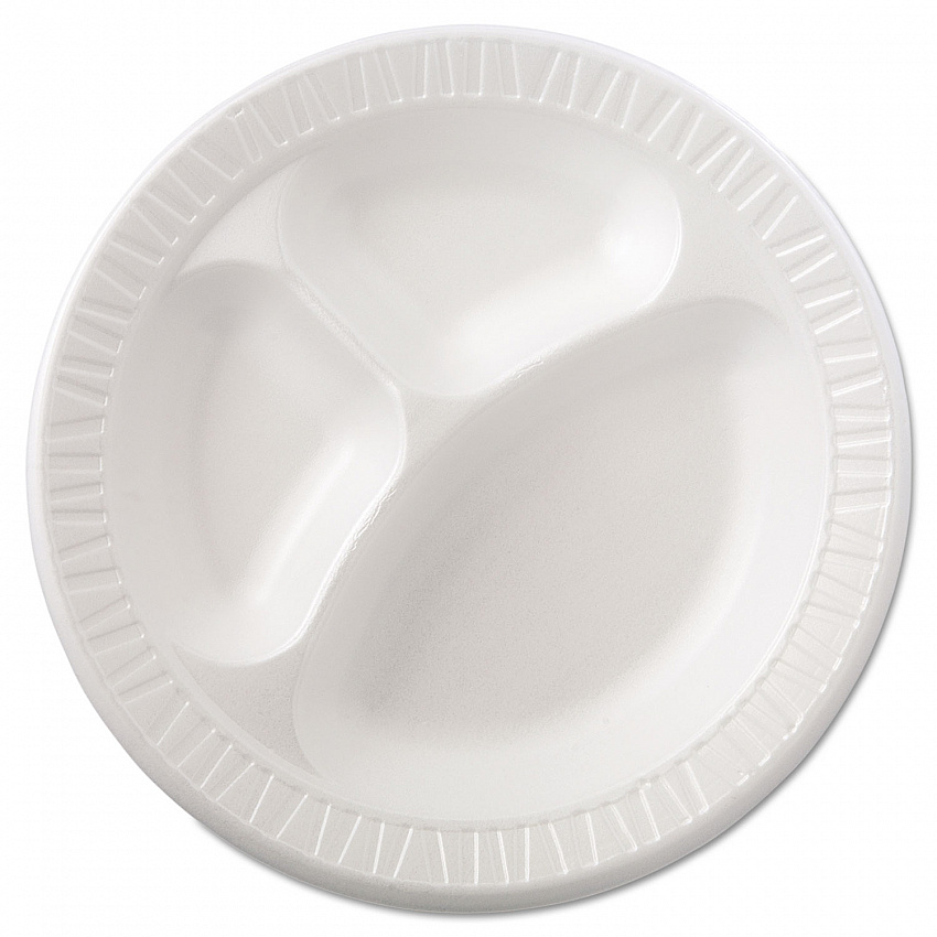 Quiet Class Laminated Foam Dinnerware, 3-Compartment Plate, 10.25" dia, White, 125/Pack, 4 Packs/Carton (10CPWQR)