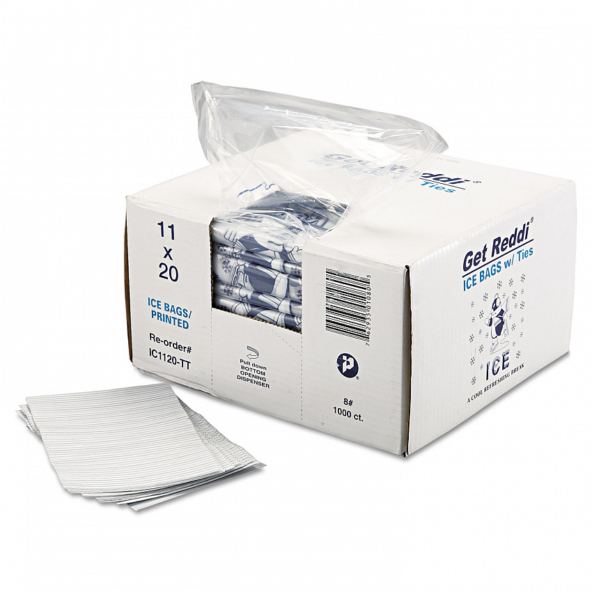 Ice Bags with Twist-Ties, Ice: Penguin Icon Labeling, 8 lb Capacity, 11" x 20", Clear, 1,000/Carton (IC1120)