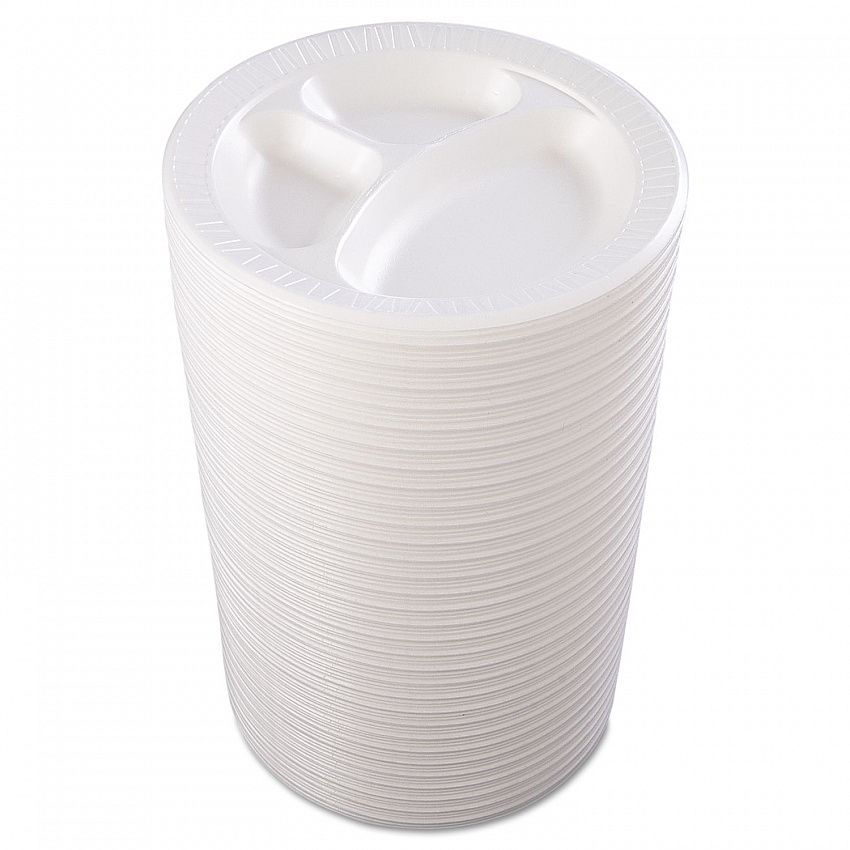 Quiet Class Laminated Foam Dinnerware, 3-Compartment Plate, 10.25" dia, White, 125/Pack, 4 Packs/Carton (10CPWQR)