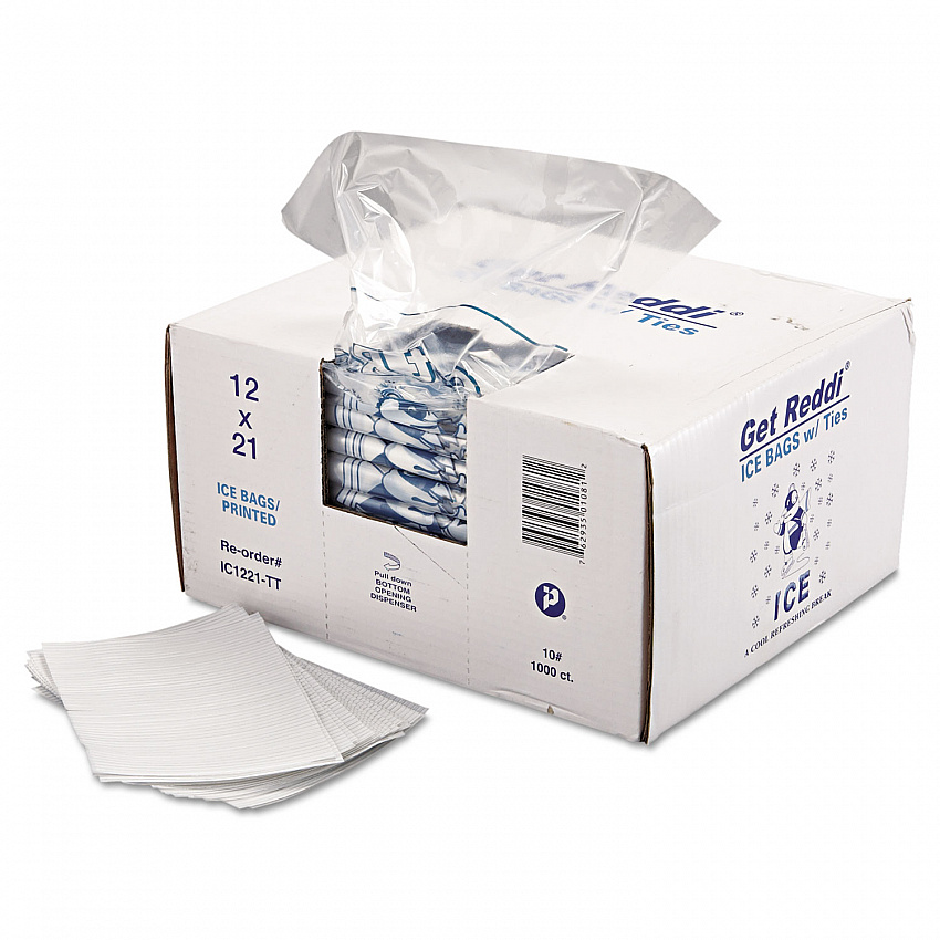 Ice Bags with Twist-Ties, Ice: Penguin Icon Labeling, 10 lb Capacity, 12" x 21", Clear, 1,000/Carton (IC1221)