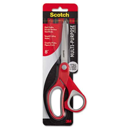 Scotch Multi-Purpose Scissors, 8" Long, 3.38" Cut Length, Gray/Red Straight Handle (1428)