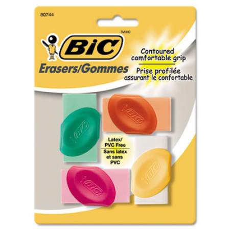 BIC Eraser with Grip, For Pencil Marks, Oval Block, Medium, Assorted Colors, 4/Pack (ERSGP41AST)