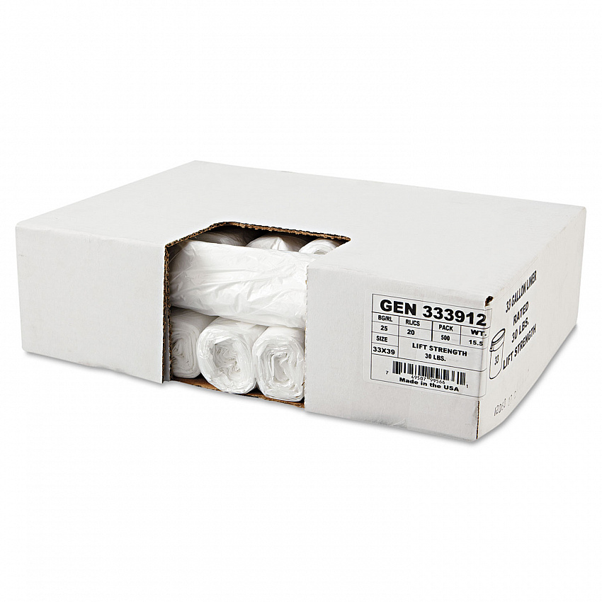 High-Density Can Liners, 33 gal, 9 mic, 33" x 39", Natural, Perforated Roll, 25 Bags/Roll, 20 Rolls/Carton (333912)