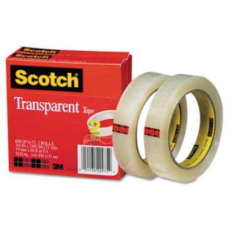 Scotch Transparent Tape, 3" Core, 0.75" x 72 yds, Transparent, 2/Pack (6002P3472)