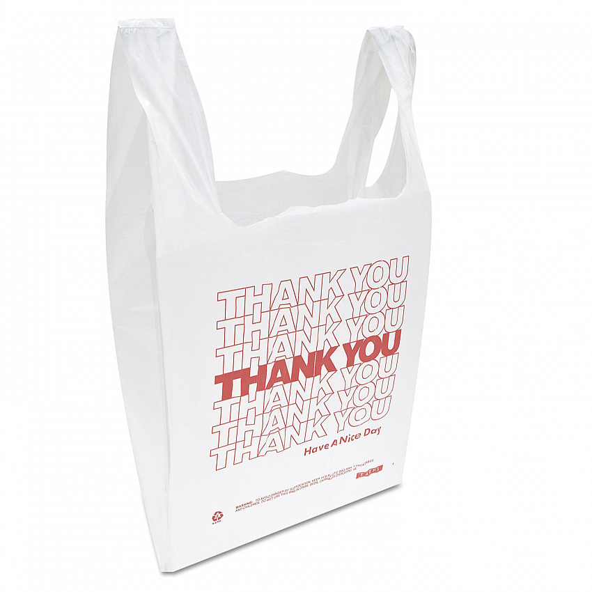 "Thank You" Handled T-Shirt Bag, Have a Nice Day Labeling, Cut-Out Handles, 11.5" x 6.5" x 21", White/Red, 900/Carton (THW1VAL)