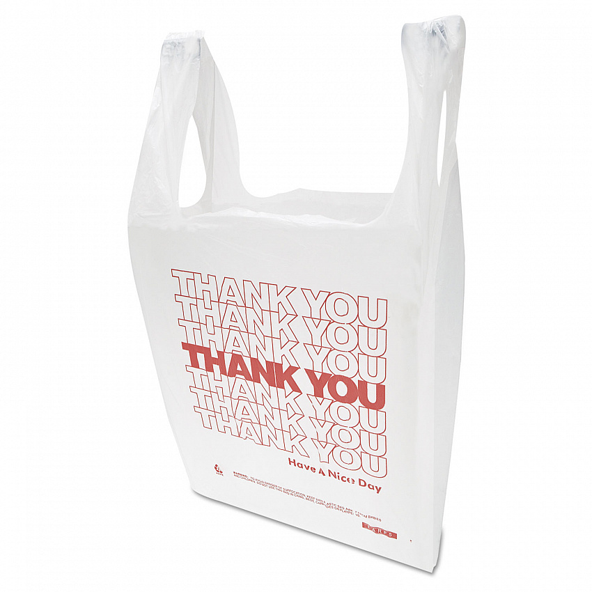 "Thank You" Handled T-Shirt Bag, Have a Nice Day Labeling, Cut-Out Handles, 11.5" x 6.5" x 21", White/Red, 900/Carton (THW1VAL)