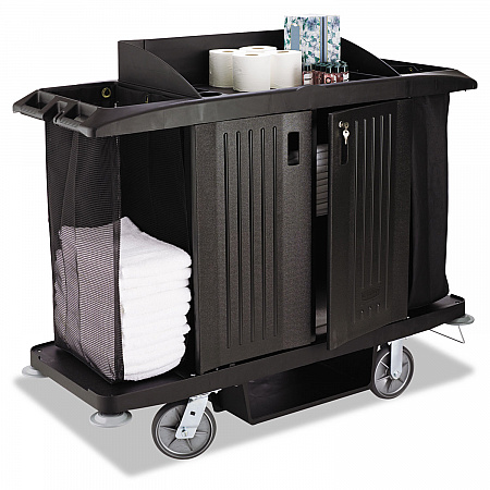 Housekeeping Cart, Plastic, 3 Shelves, 2 Bins, 22