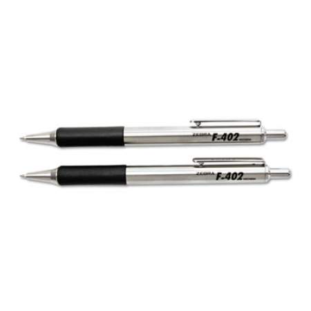 Zebra F-402 Ballpoint Pen, Retractable, Fine 0.7 mm, Black Ink, Stainless Steel/Black Barrel, 2/Pack (29212)