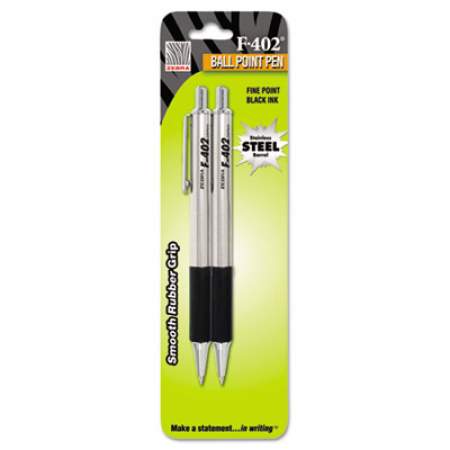 Zebra F-402 Ballpoint Pen, Retractable, Fine 0.7 mm, Black Ink, Stainless Steel/Black Barrel, 2/Pack (29212)
