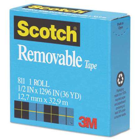 Scotch Removable Tape, 1" Core, 0.5" x 36 yds, Transparent (811121296)