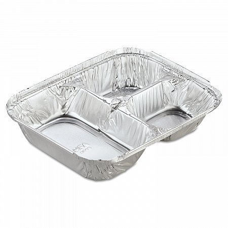 Aluminum Oblong Container with Lid, 3 Compartments, 24 oz, 8.5 x 6.38 x 1.47, Silver, 250/Carton (204535250W)