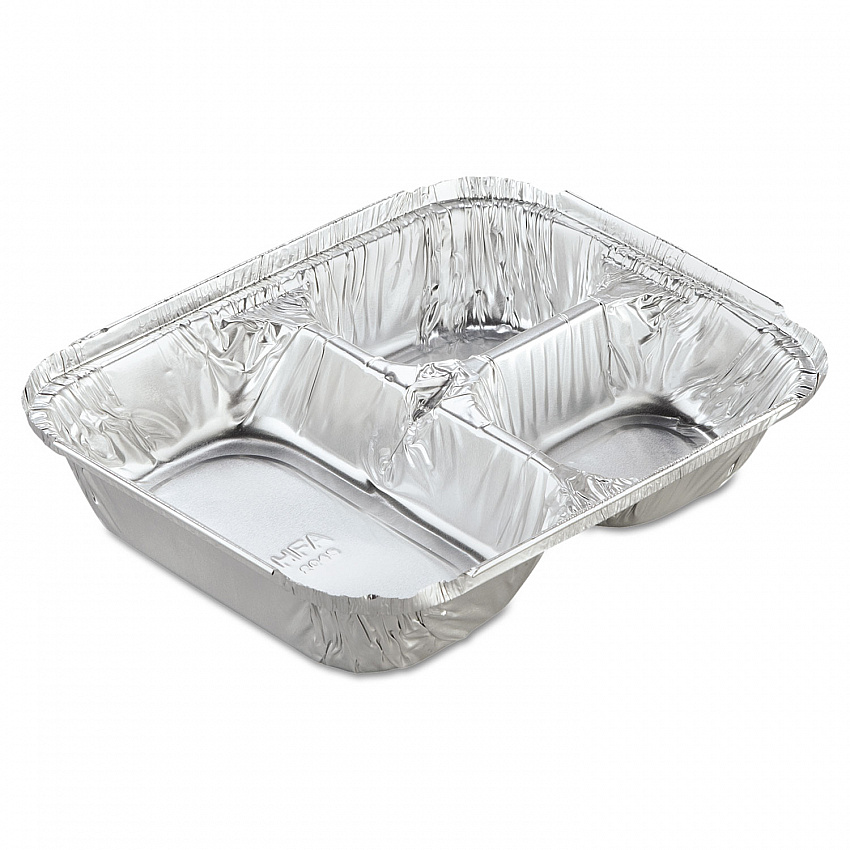 Aluminum Oblong Container with Lid, 3 Compartments, 24 oz, 8.5 x 6.38 x 1.47, Silver, 250/Carton (204535250W)