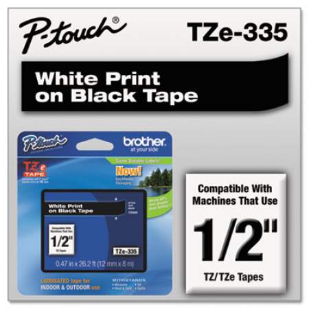 Brother P-Touch TZe Standard Adhesive Laminated Labeling Tape, 0.47" x 26.2 ft, White on Black (TZE335)