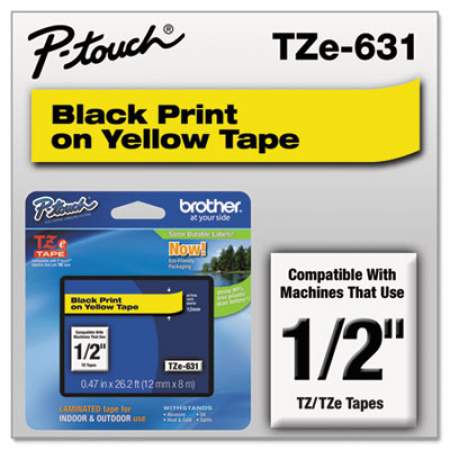 Brother P-Touch TZe Standard Adhesive Laminated Labeling Tape, 0.47" x 26.2 ft, Black on Yellow (TZE631)