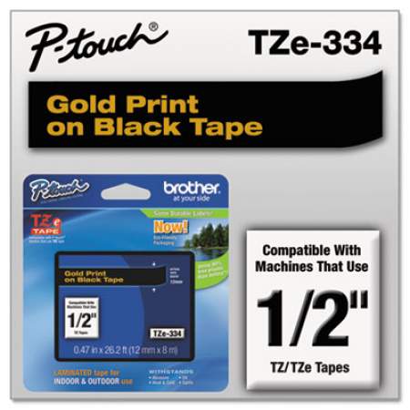 Brother P-Touch TZe Standard Adhesive Laminated Labeling Tape, 0.47" x 26.2 ft, Gold on Black (TZE334)