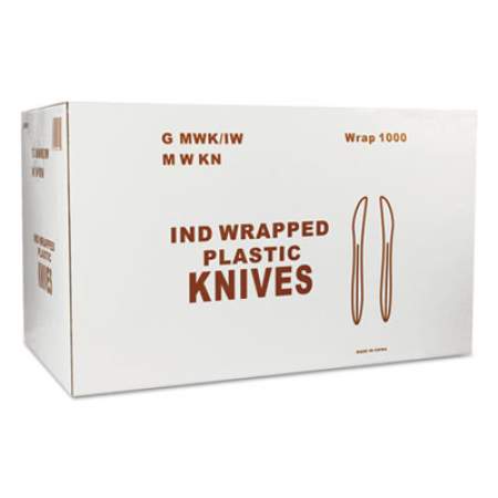GEN Wrapped Cutlery, 6.25" Knife, Mediumweight, Polypropylene, White, 1,000/Carton (MWKIW)