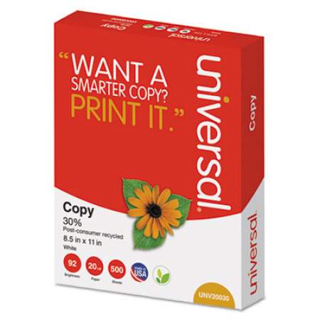 Universal 30% Recycled Copy Paper, 92 Bright, 20 lb, 8.5 x 11, White, 500 Sheets/Ream, 10 Reams/Carton (20030)