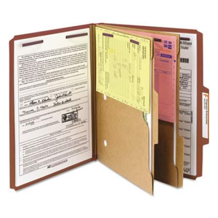Smead 6-Section Pressboard Top Tab Pocket-Style Classification Folders with SafeSHIELD Fasteners, 2 Dividers, Letter, Red, 10/Box (14079)