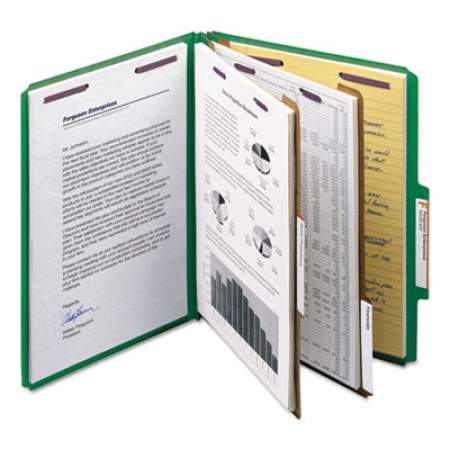 Smead Six-Section Pressboard Top Tab Classification Folders with SafeSHIELD Fasteners, 2 Dividers, Letter Size, Green, 10/Box (14033)