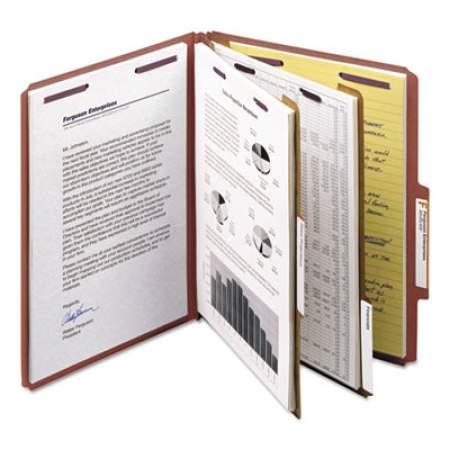 Smead Pressboard Classification Folders with SafeSHIELD Coated Fasteners, 2/5 Cut, 2 Dividers, Letter Size, Red, 10/Box (14075)