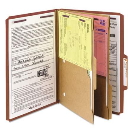 Smead 6-Section Pressboard Top Tab Pocket-Style Classification Folders with SafeSHIELD Fasteners, 2 Dividers, Legal, Red, 10/Box (19079)