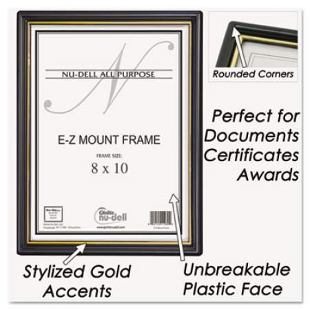 NuDell EZ Mount Document Frame with Trim Accent and Plastic Face, Plastic, 8 x 10, Black/Gold (11800)