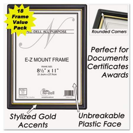 NuDell EZ Mount Document Frame with Trim Accent and Plastic Face, Plastic, 8.5 x 11 Insert, Black/Gold, 18/Carton (11818)