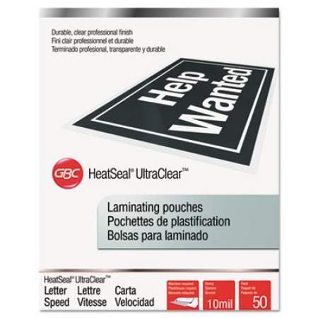 GBC UltraClear Thermal Laminating Pouches, 10 mil, 9" x 11.5", Gloss Clear, 50/Box (3745091)
