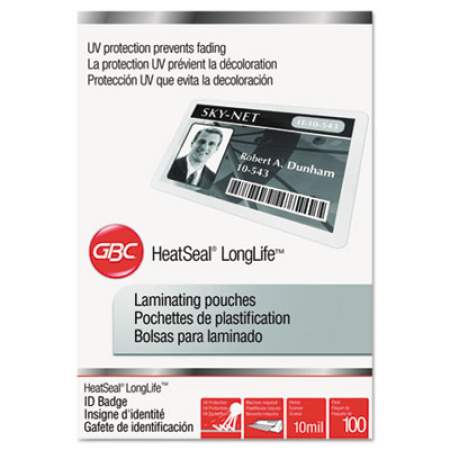 GBC LongLife Thermal Laminating Pouches, 10 mil, 2.56" x 3.75", Gloss Clear, 100/Box (3202104)