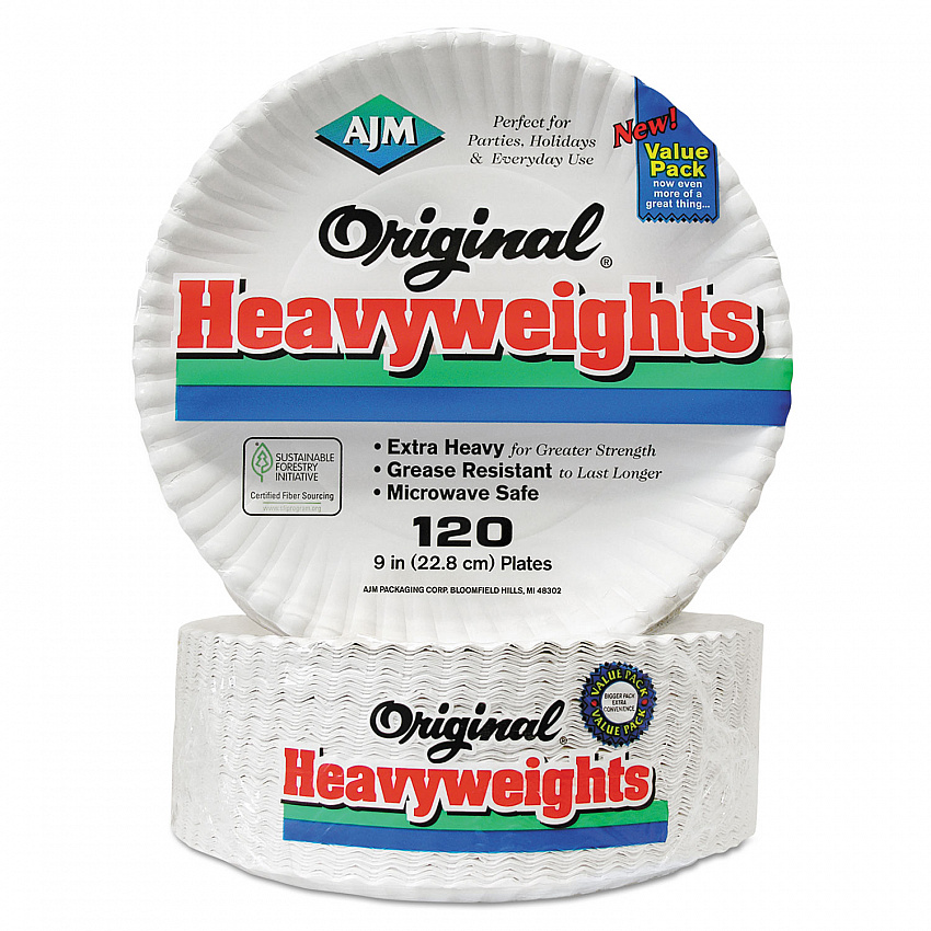 Original Heavyweights Paper Plates, 9" dia, White, 120/Pack, 8 Packs/Carton (OH9AJBXWH)