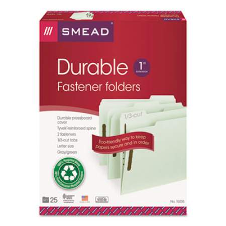 Smead 100% Recycled Pressboard Fastener Folders, Letter Size, Gray-Green, 25/Box (15003)