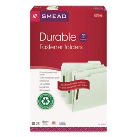 Smead 100% Recycled Pressboard Fastener Folders, Legal Size, Gray-Green, 25/Box (20003)