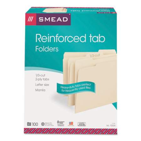 Smead Reinforced Tab Manila File Folders, 1/3-Cut Tabs, Letter Size, 11 pt. Manila, 100/Box (10334)