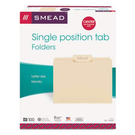 Smead Manila File Folders, 1/3-Cut Tabs, Center Position, Letter Size, 100/Box (10332)