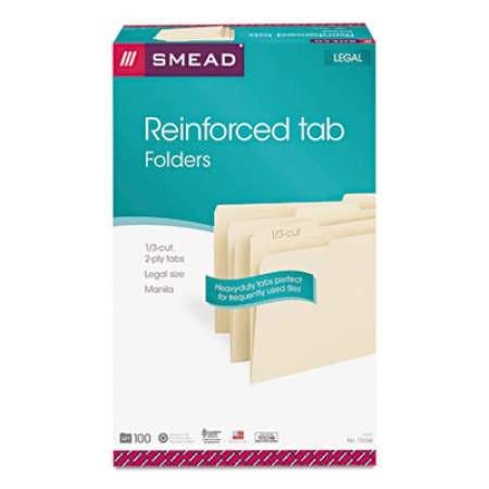 Smead Reinforced Tab Manila File Folders, 1/3-Cut Tabs, Legal Size, 11 pt. Manila, 100/Box (15334)