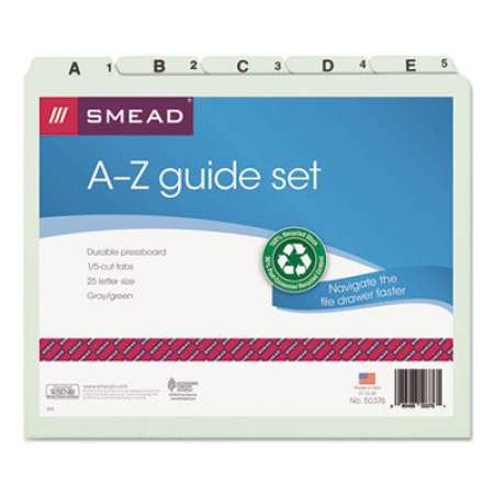 Smead Alphabetic Top Tab Indexed File Guide Set, 1/5-Cut Top Tab, A to Z, 8.5 x 11, Green, 25/Set (50376)