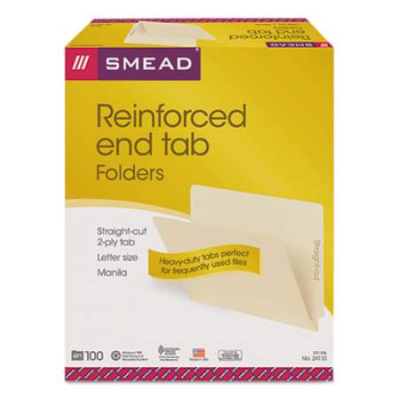 Smead Heavyweight Manila End Tab Folders, 9.5" Front, Straight Tab, Letter Size, 100/Box (24110)