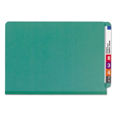 Smead End Tab Colored Pressboard Classification Folders with SafeSHIELD Coated Fasteners, 2 Dividers, Legal Size, Green, 10/Box (29785)